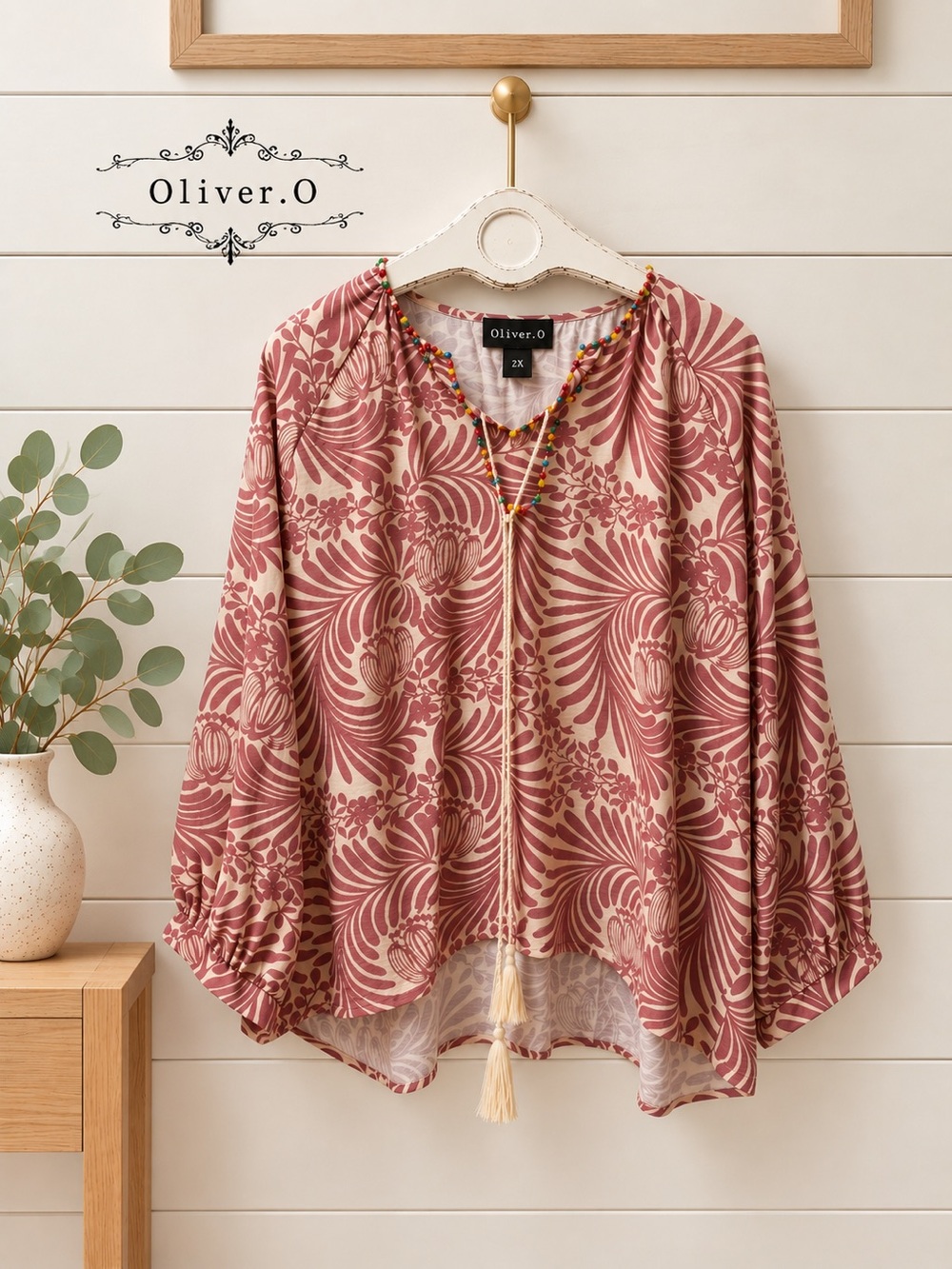 OLIVER.O – Boho Floral Tunic Blouse – Pink & Cream – Size 2X